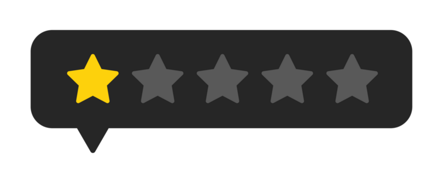 One star rating icon in chat bubble, lowest review score symbol for poor customer feedback and bad service, PNG with transparent background