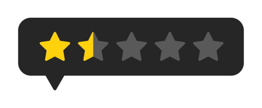 One and a half star rating icon in chat bubble, very low customer review feedback score symbol, PNG with transparent background