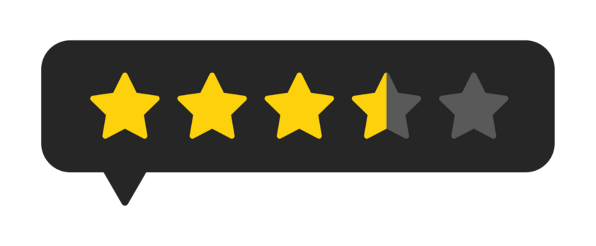 Three and a half star rating icon in chat bubble, average high customer review feedback evaluation design, PNG with transparent background