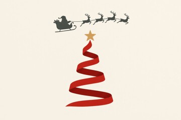 Christmas Tree Made of Red Ribbon with Santa and Reindeer.