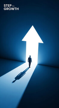 Man walking towards bright arrow shaped doorway symbolizing growth and success