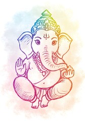 Vibrant Rainbow Watercolor of Lord Ganesha, the Elephant God, Meditating in a Peaceful Pose