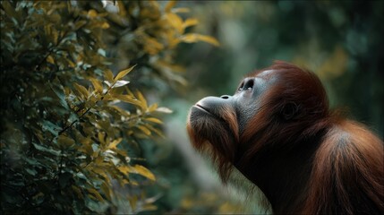 Photo of an orangutan looking up at the sky, profile view, with vegetation and leaves of trees in the foreground, natural lighting, cinematic style.