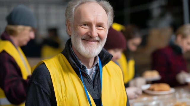A warm-hearted smiling elderly man wearing a volunteer vest is surrounded by others serving food, embodying the spirit of kindness and community service in action.