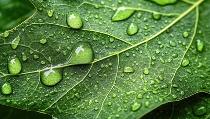 Green leaf covered with glistening water droplets