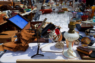 Old vintage things on the street flea market on Place du Jeu de Balle, Marolles district of Brussels, Belgium