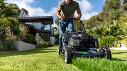 Fototapeta premium Mid section of man mowing lawn with lawnmower in garden