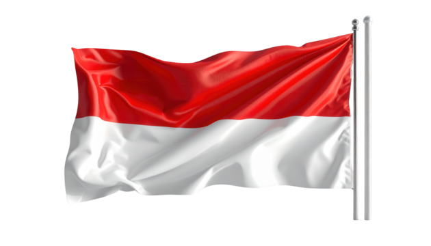 Horizontal two-toned flag design featuring red and white colors is waving in a soft wind, attached to a vertical pole with a smooth surface against a plain black backdrop, the fabric looks smooth.