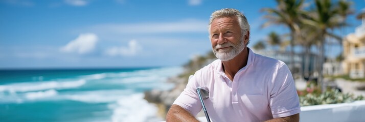 Relaxed retired man enjoying sunny tropical ocean view in florida