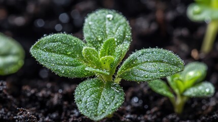 Vibrant green seedling with water beads pushing through rich, dark earth, new life