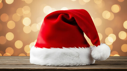 A cozy, festive Christmas scene with a red velvet Santa hat featuring a fluffy white trim and pom-pom, resting on a rustic wooden surface.