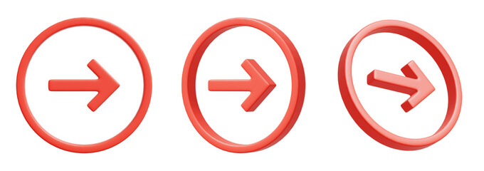 丸で囲まれたシンプルな矢印の3DCGイラスト。様々な角度の赤い矢印のバラエティセット