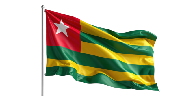 The national flag of a country waves gracefully in the wind, displaying vibrant colors of red, green, and yellow against a dark, neutral background. A white star adds symbolic detail to the design.