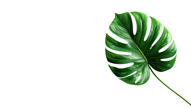 Striking showcases a vibrant green monstera leaf against a stark black background. - Powered by Adobe
