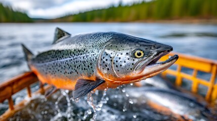 Obraz premium Freshly caught salmon splashing out of water