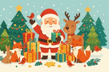Fototapeta premium Santa Claus, reindeer, fox, and rabbit celebrate Christmas with gifts in a snowy forest.
