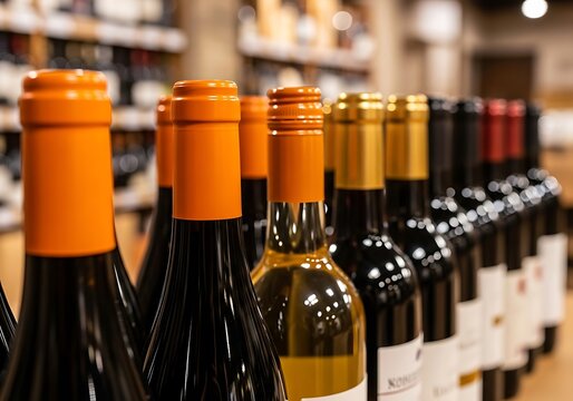 A row of wine bottles with colorful caps, including orange and gold, displayed in a store aisle with blurred shelves in the background