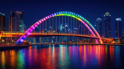 Obraz premium Vibrant rainbow-lit arch bridge over water, reflecting a modern city skyline at night