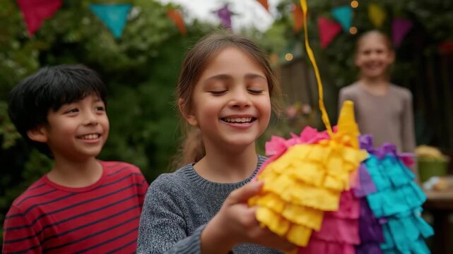 Excited children gather around a vibrant pi&ntilde;ata during a festive celebration, capturing the joy and laughter of childhood along with the thrill of party games and traditions.