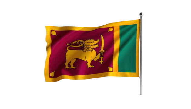 The Sri Lankan flag, a symbol of national pride, displays a golden lion holding a sword on a rich burgundy background with yellow borders, accompanied by green and yellow stripes, against a stark...