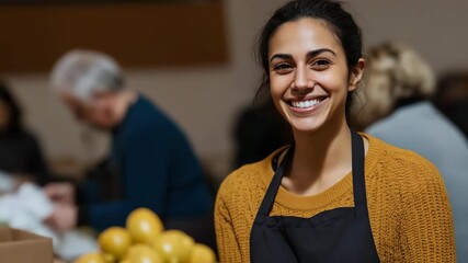 A cheerful woman volunteers at a community food distribution center, showcasing the spirit of generosity and kindness during a food drive with fresh produce surrounding her.