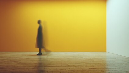 Obraz premium A blurred figure walks across a wooden floor, illuminated by a focused light on yellow wall