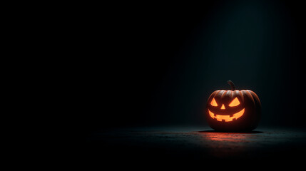 A glowing jack o lantern sits in the dark casting a spooky halloween vibe