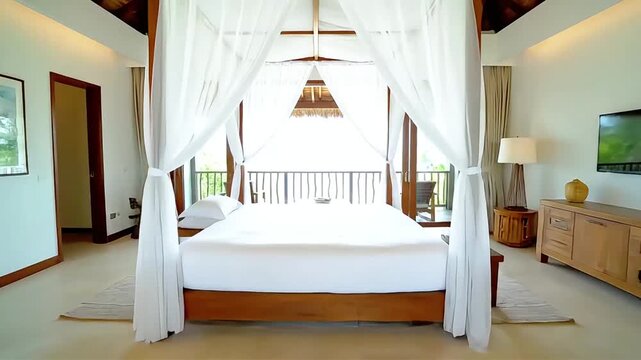 Elegant Tropical Resort Suite with Four Poster Bed and Balcony.