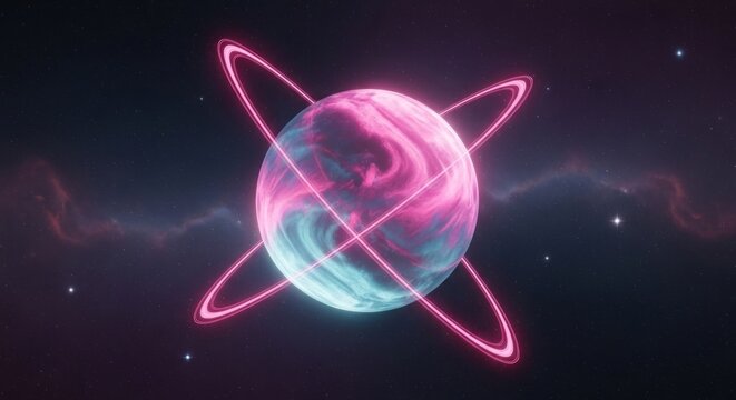 Vibrant swirling pink and blue planet with glowing crisscrossing rings in a starry nebula