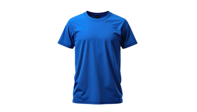 Displayed on a dark background is a vibrant blue short-sleeved garment, constructed with smooth fabric. The  lighting emphasizes the textures and form, creating a visually striking composition.