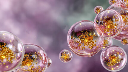 Floating organic forms create a luminous display against a soft pastel gradient backdrop in shades of pink and mint