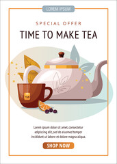 Ceramic Teapot and brown cup of tea with lemon. Flyer design template