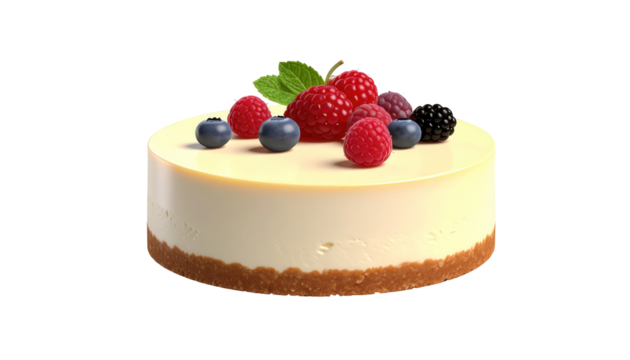 Deliciously crafted cheesecake with a creamy white layer and a biscuit base features fresh toppings, including ripe raspberries, blueberries, and blackberries, finished with a sprig of fresh mint,...