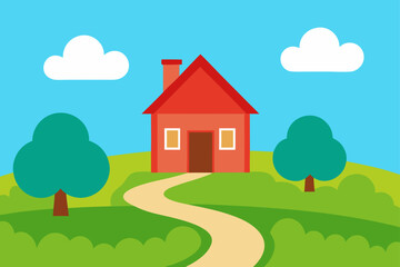 Illustration of a house on a hill with trees