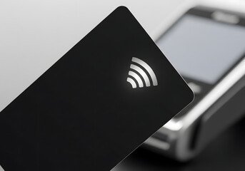 Close-up of a Black Contactless Payment Card with Glowing Symbol and POS Terminal