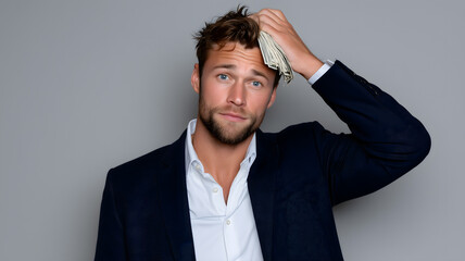 Confused businessman in suit holding cash money on head with uncertain expression