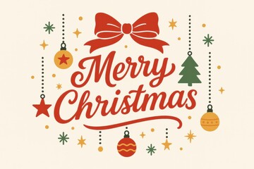 Vintage Merry Christmas lettering with festive holiday ornaments and bow.