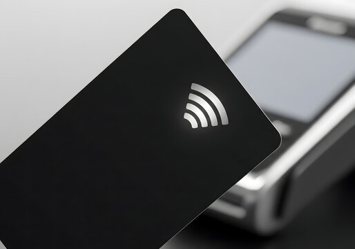 Close-up of a Black Contactless Payment Card with Glowing Symbol and POS Terminal
