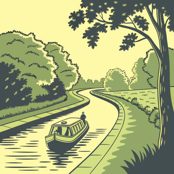 Vector art of a serene canal scene with a narrowboat gliding through the water, surrounded by lush green trees and foliage, under a clear sky, creating a peaceful and idyllic countryside illustration