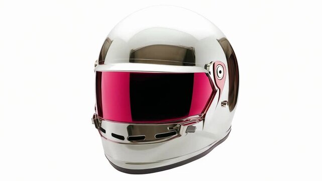 A white full-face motorcycle helmet with a pink mirrored visor.