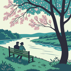Vector art of a romantic scene of a couple sitting on a bench under a blossoming tree, overlooking a tranquil river and lush landscape, capturing the essence of love and peaceful contemplation