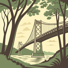 Vector art of iconic suspension bridge framed by lush trees, spanning across a tranquil bay under a serene sky with scattered clouds, creating a scenic view of engineering marvel and natural beauty