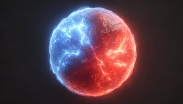 Spherical object, split with blue and red electric energy, crackling with intense power