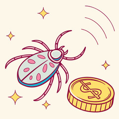 Vector art of a whimsical cartoon bug hovers near a shiny dollar coin, surrounded by sparkling stars, set against a soft beige backdrop, creating a playful and imaginative scene