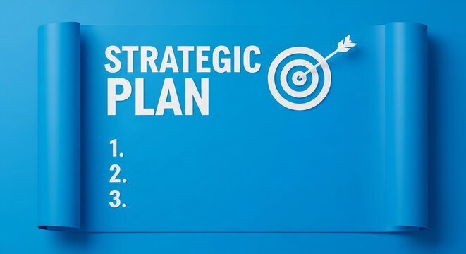Strategic plan with target and list on blue background