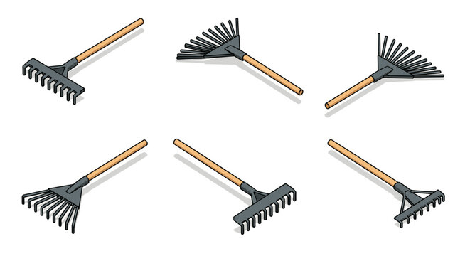 Set of garden rakes with wooden handles in isometric style