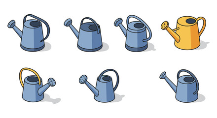 Isometric blue and yellow watering cans collection on white background