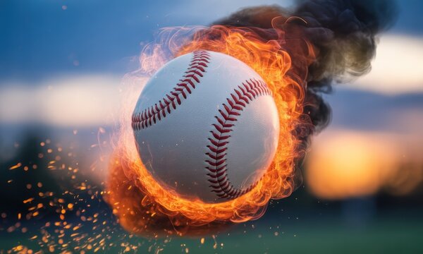 White baseball engulfed in orange flames and smoke, sparks fly against a blurred twilight sky
