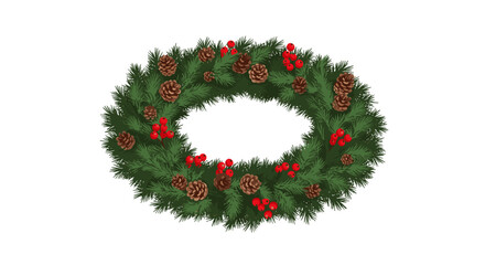 Festive christmas wreath with pine cones and red berries on a white background
