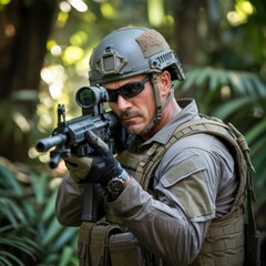 Fototapeta premium Soldier in camouflage uniform with rifle in jungle on mission, embodying courage, discipline, and readiness for combat in a challenging environment